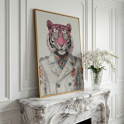 Pink Tiger in Floral Jacket Canvas Print in yellow gold floating frame