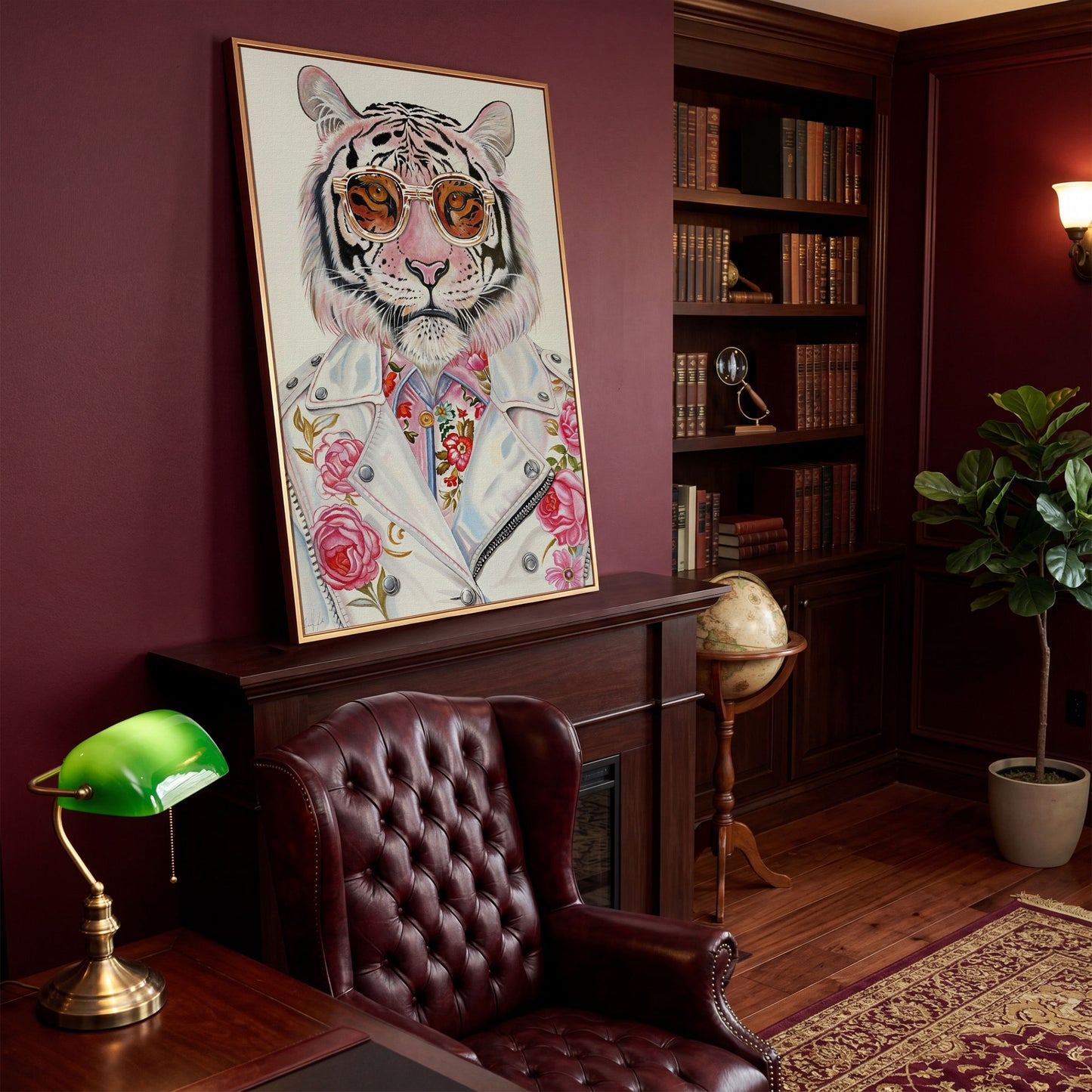 Fashion Tiger in Sunglasses Canvas in antique gold floating frame