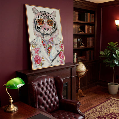 Fashion Tiger in Sunglasses Canvas in antique gold floating frame