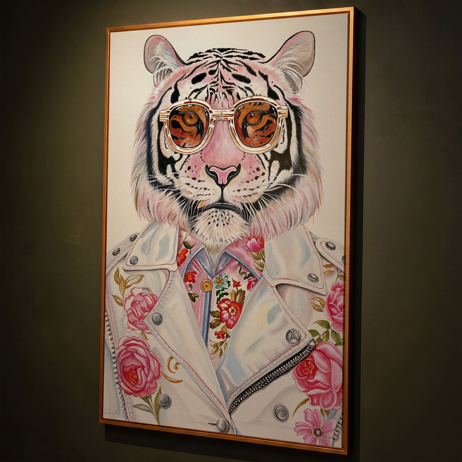 Fashion Tiger in Sunglasses Canvas shown in antique gold floating frame