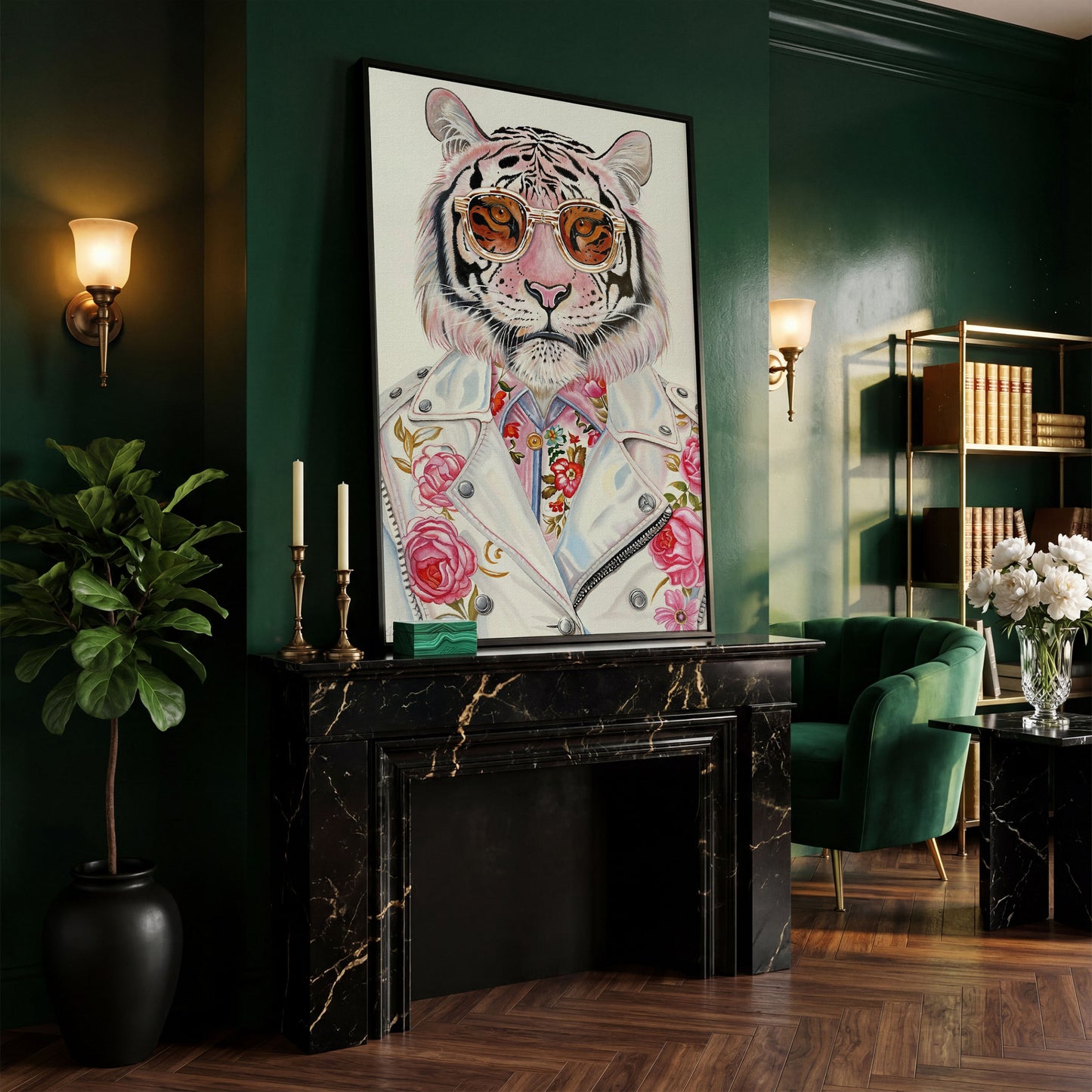 Fashion Tiger in Sunglasses Canvas in black floating frame