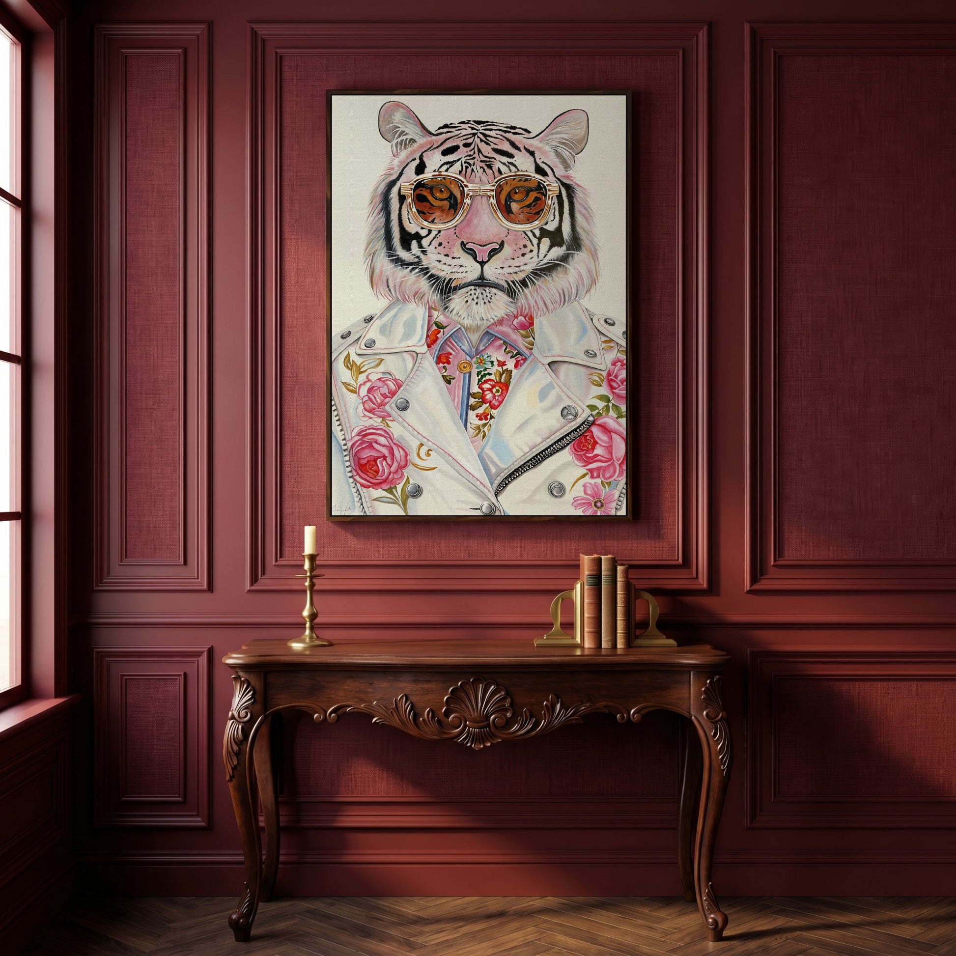 Fashion Tiger in Sunglasses Canvas in dark walnut floating frame