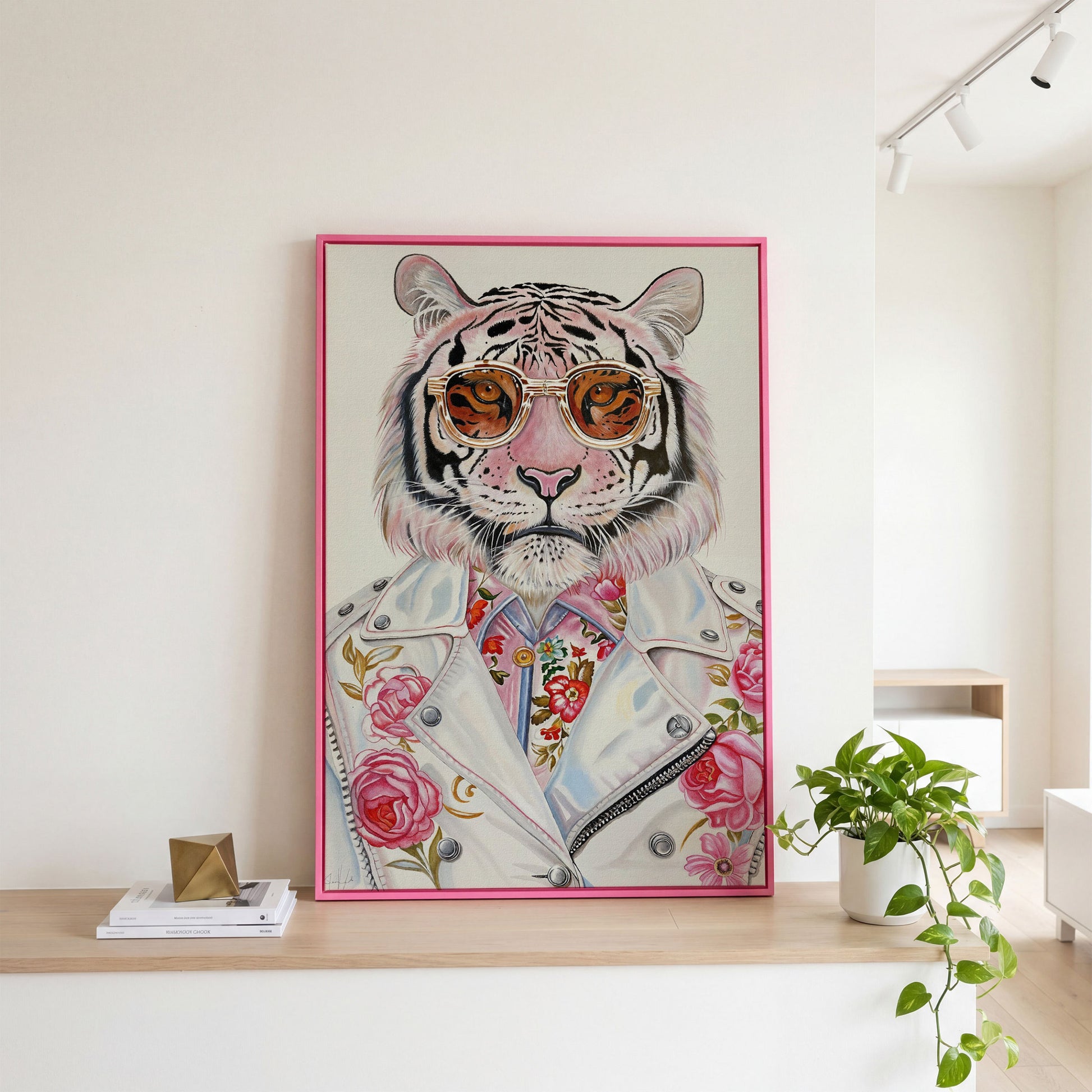 Fashion Tiger in Sunglasses Canvas in pink floating frame