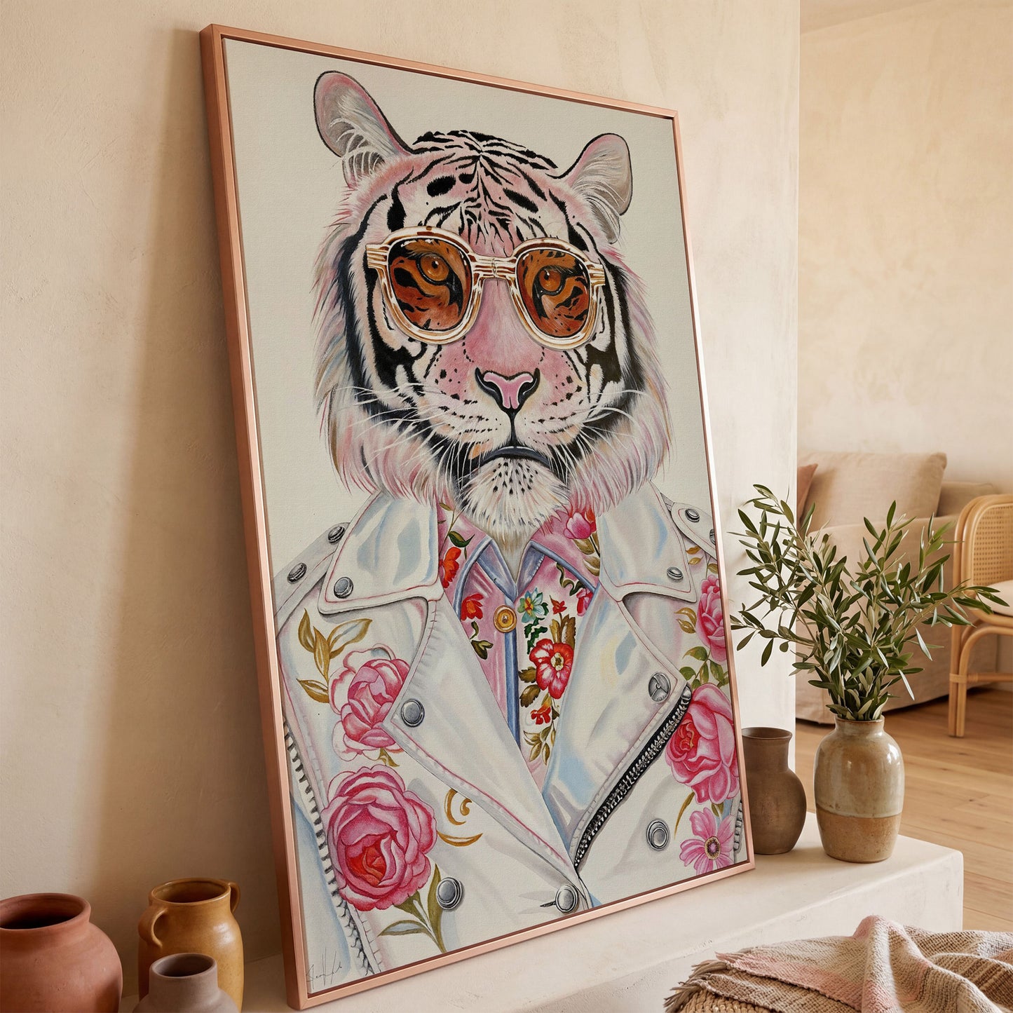 Fashion Tiger in Sunglasses Canvas in rose gold floating frame