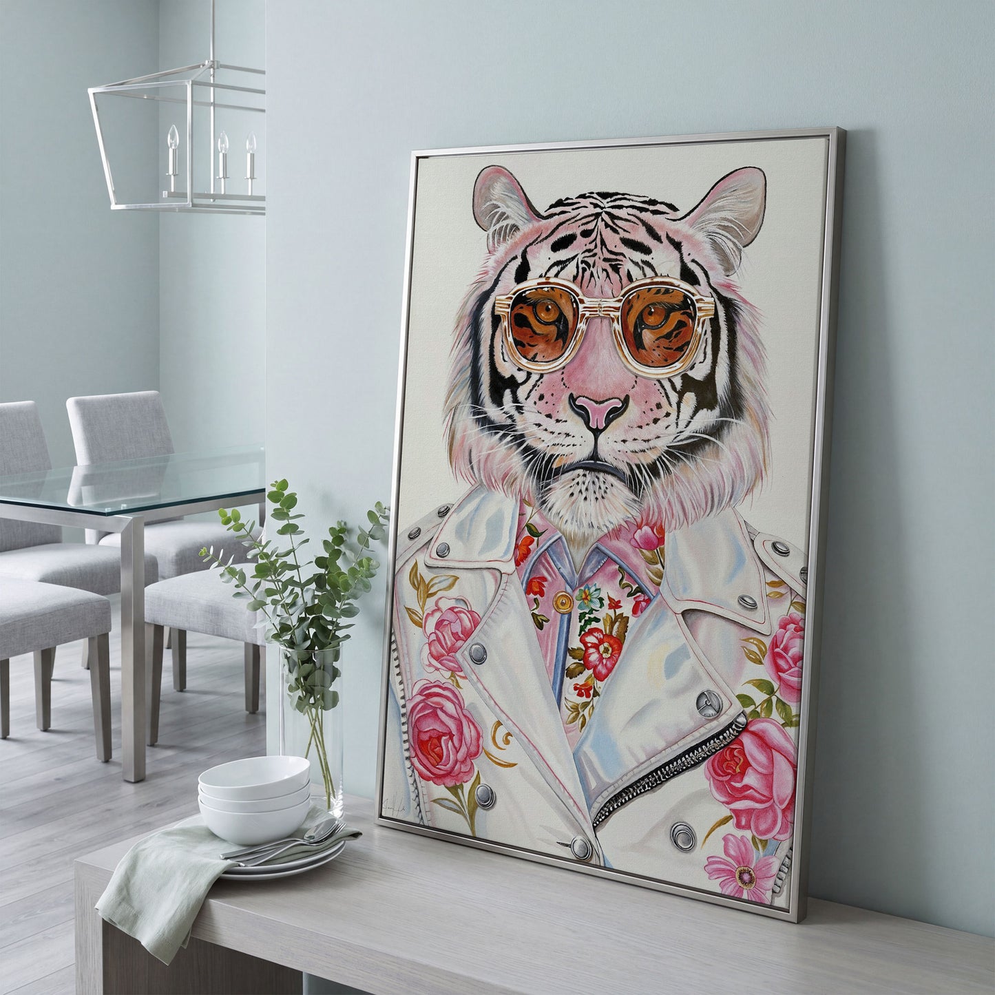 Fashion Tiger in Sunglasses Canvas in silver floating frame