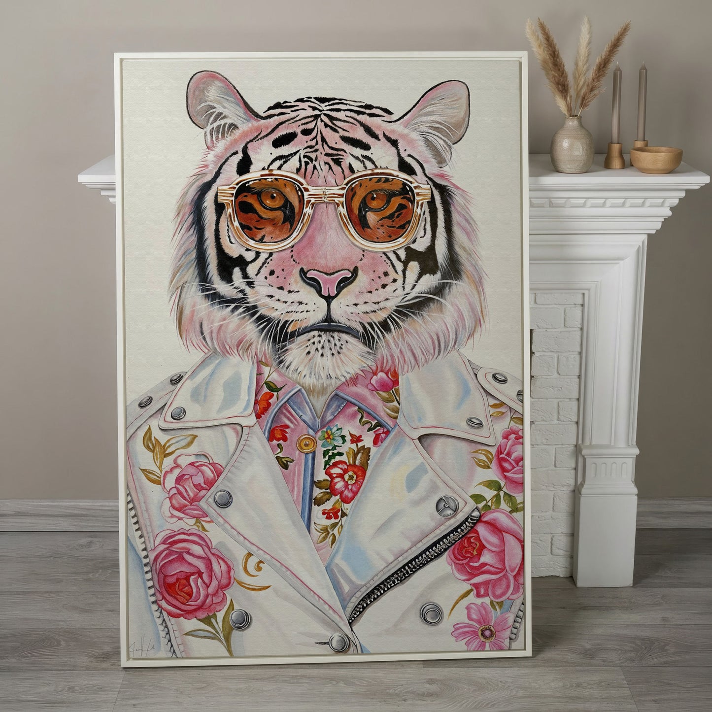 Fashion Tiger in Sunglasses Canvas in white floating frame