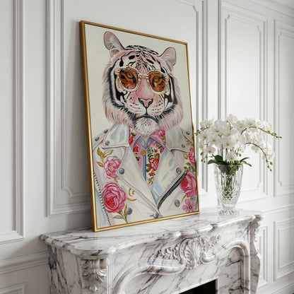 Fashion Tiger in Sunglasses Canvas in yellow gold floating frame