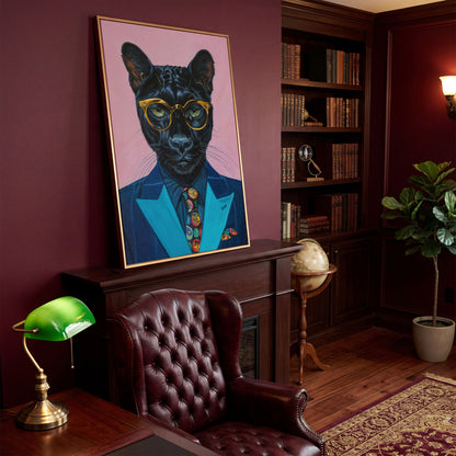 Stylish Panther in Suit Canvas in antique gold floating frame