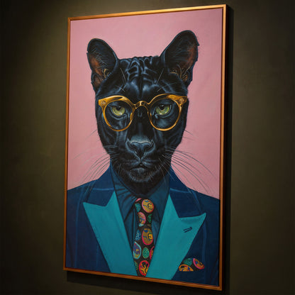 Stylish Panther in Suit Canvas shown in antique gold floating frame