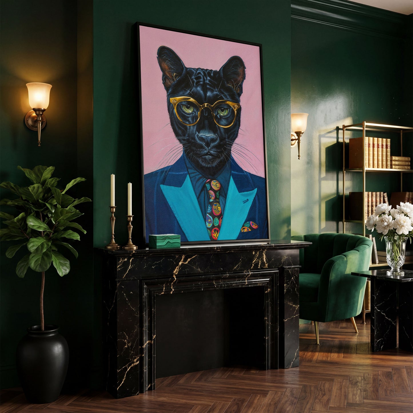 Stylish Panther in Suit Canvas in black floating frame
