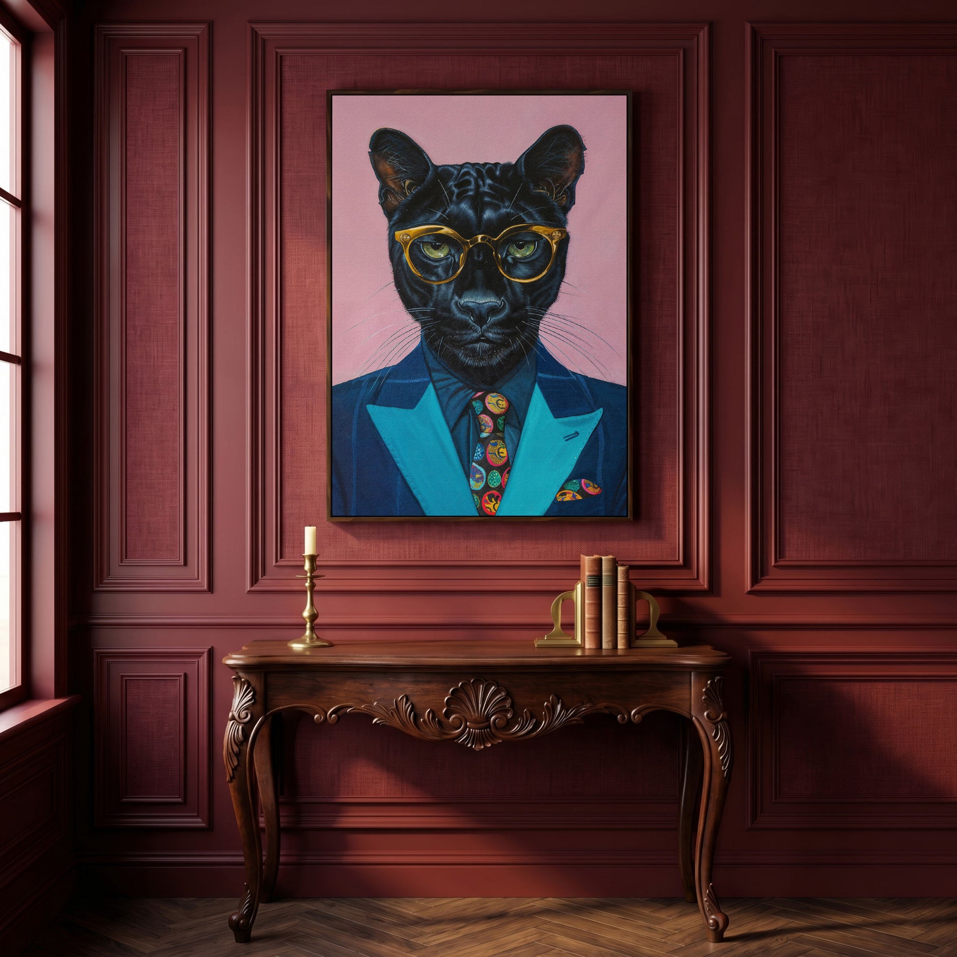 Stylish Panther in Suit Canvas in dark walnut floating frame