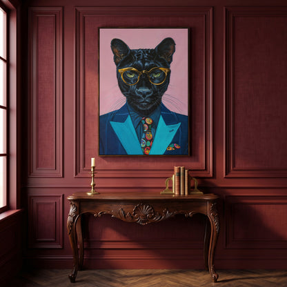 Stylish Panther in Suit Canvas in dark walnut floating frame