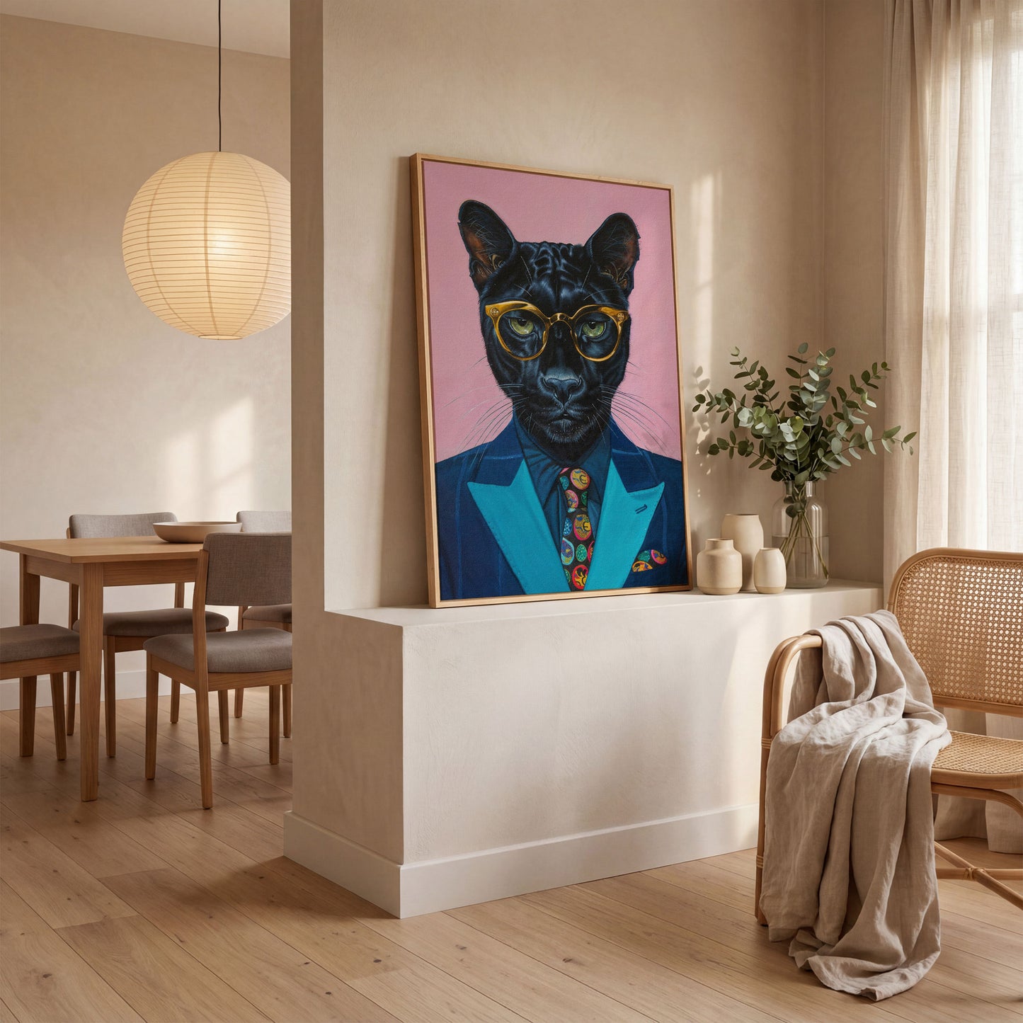 Stylish Panther in Suit Canvas in white oak floating frame