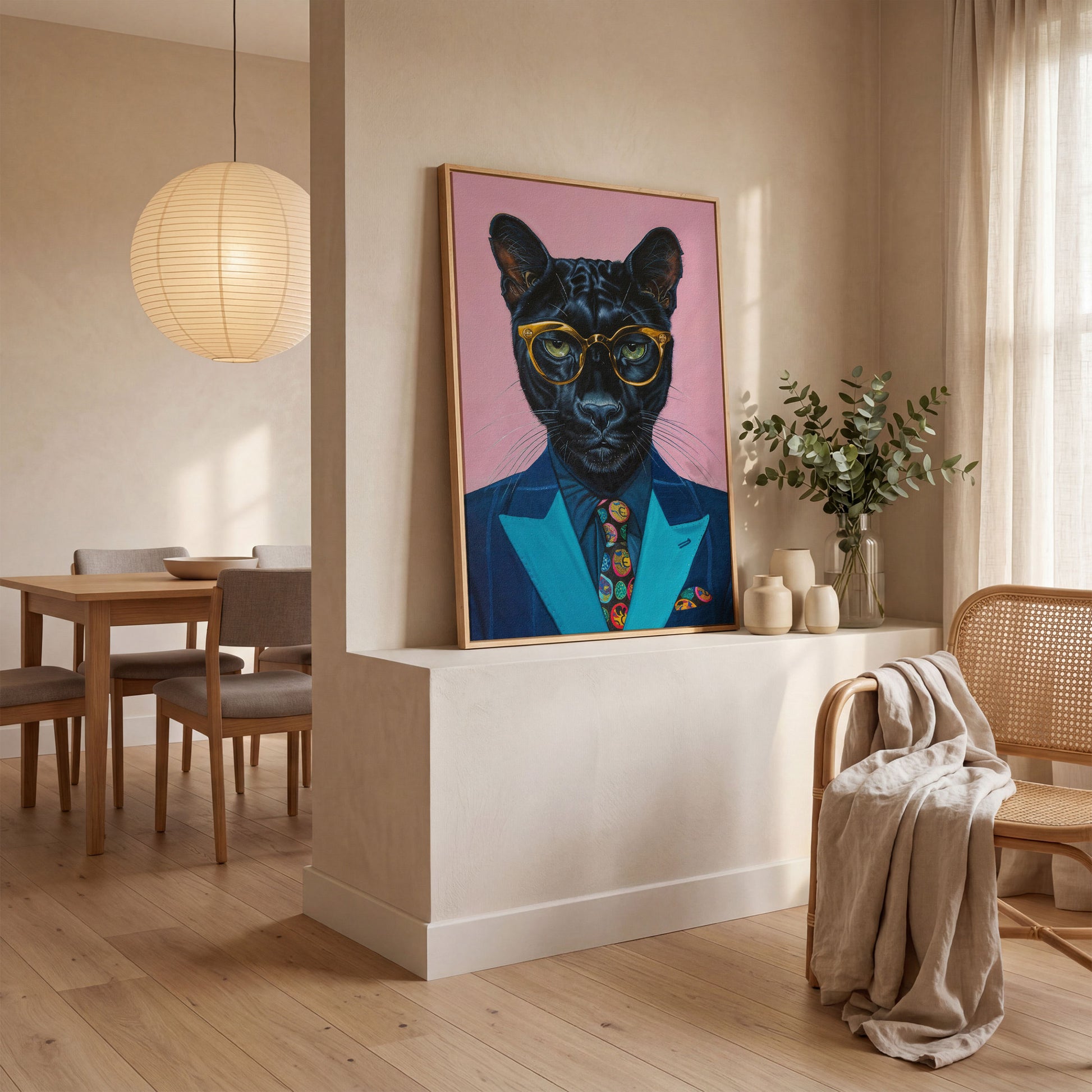 Stylish Panther in Suit Canvas in white oak floating frame