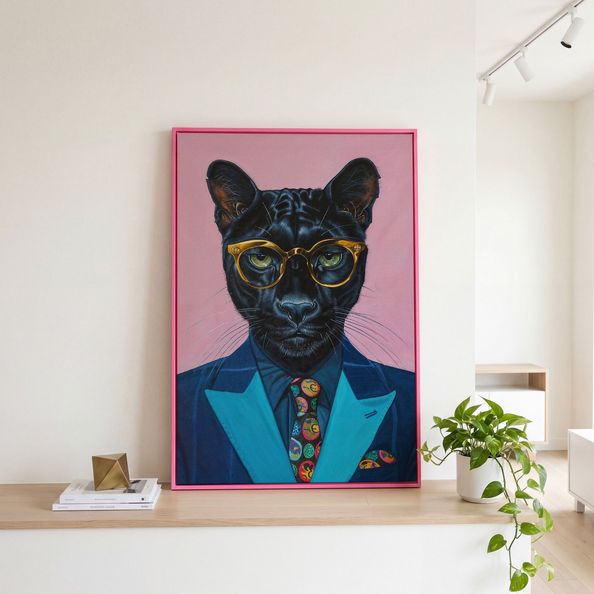 Stylish Panther in Suit Canvas in pink floating frame