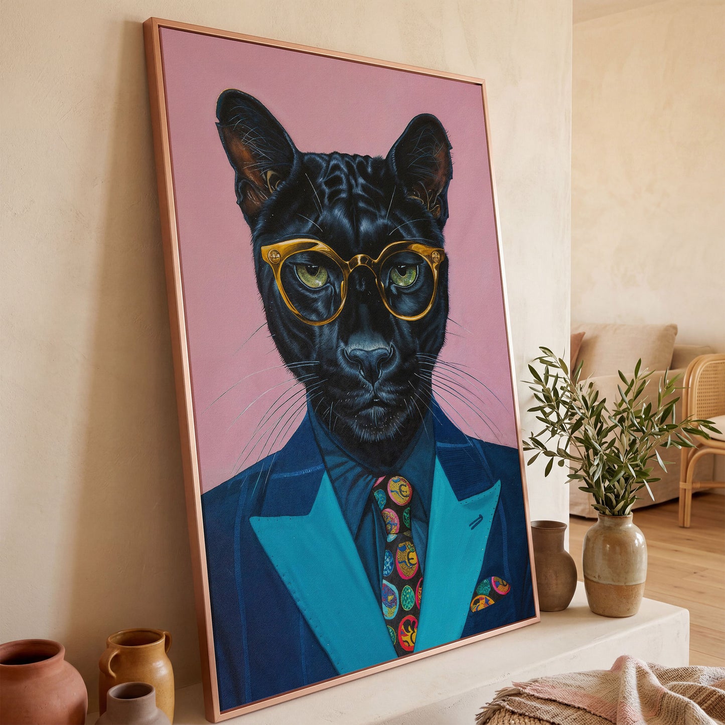 Stylish Panther in Suit Canvas in rose gold floating frame