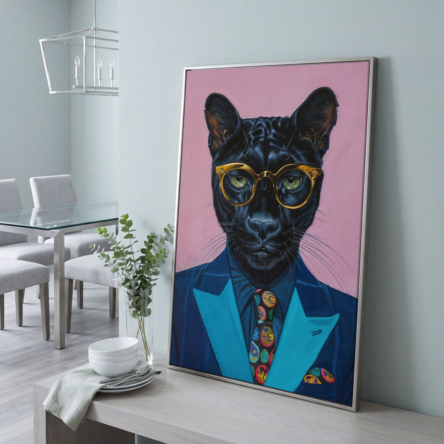 Stylish Panther in Suit Canvas in silver floating frame