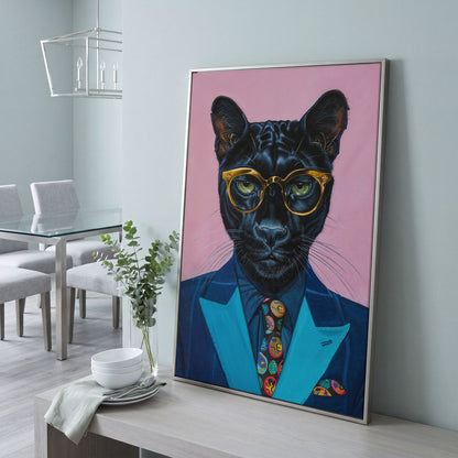 Stylish Panther in Suit Canvas in silver floating frame