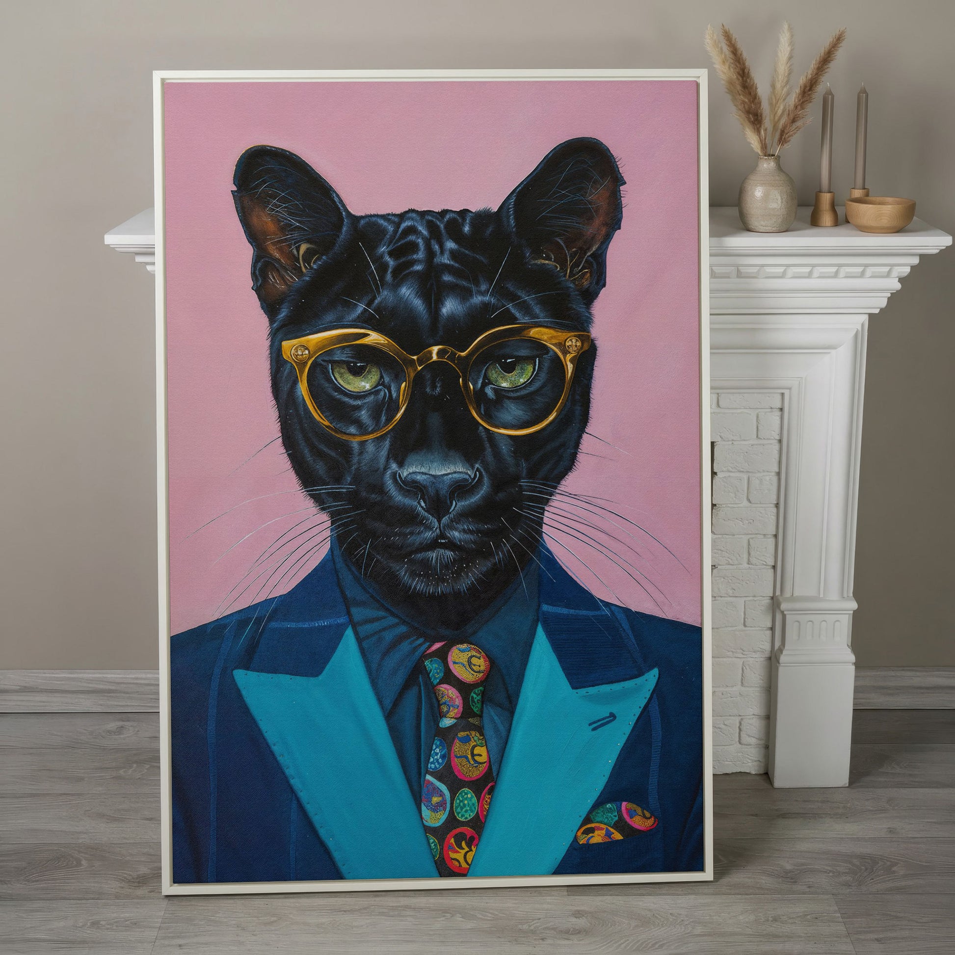Stylish Panther in Suit Canvas in white floating frame