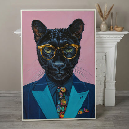 Stylish Panther in Suit Canvas in white floating frame