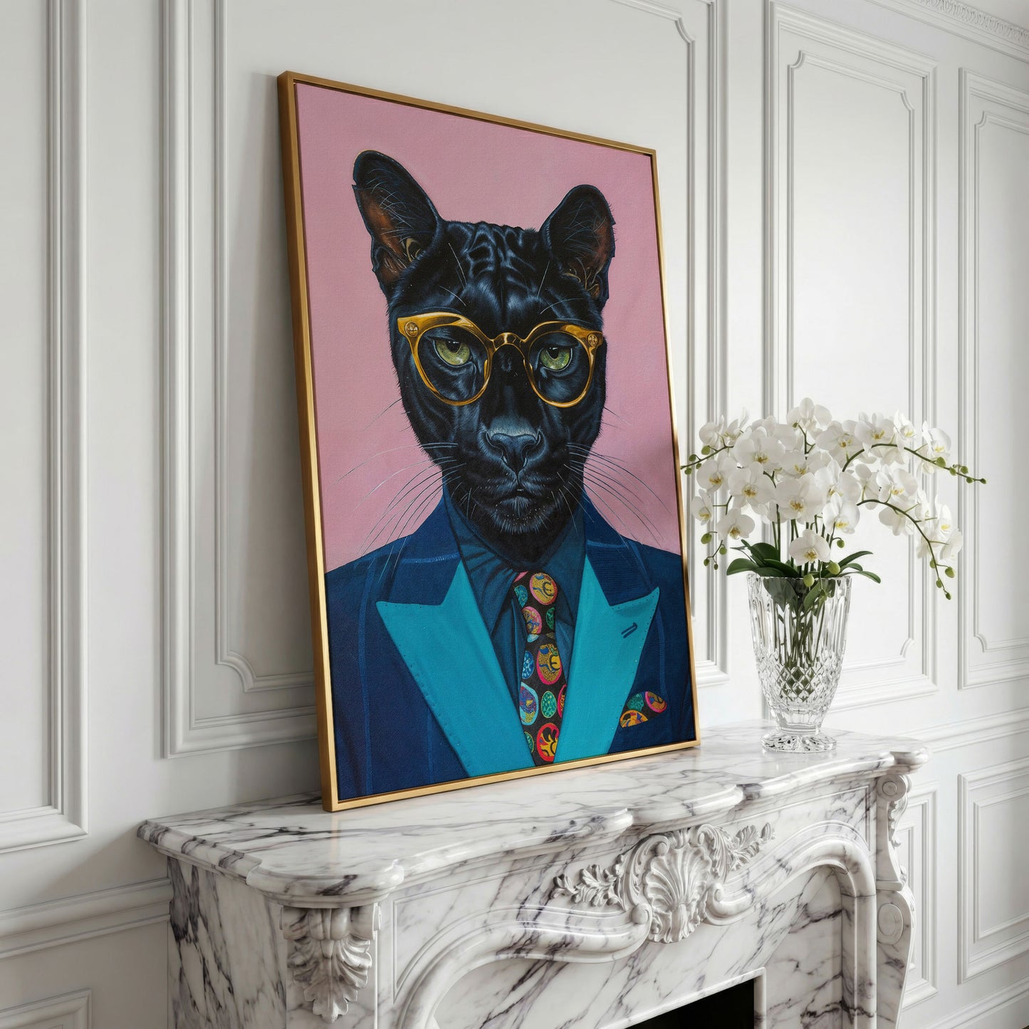 Stylish Panther in Suit Canvas in yellow gold floating frame