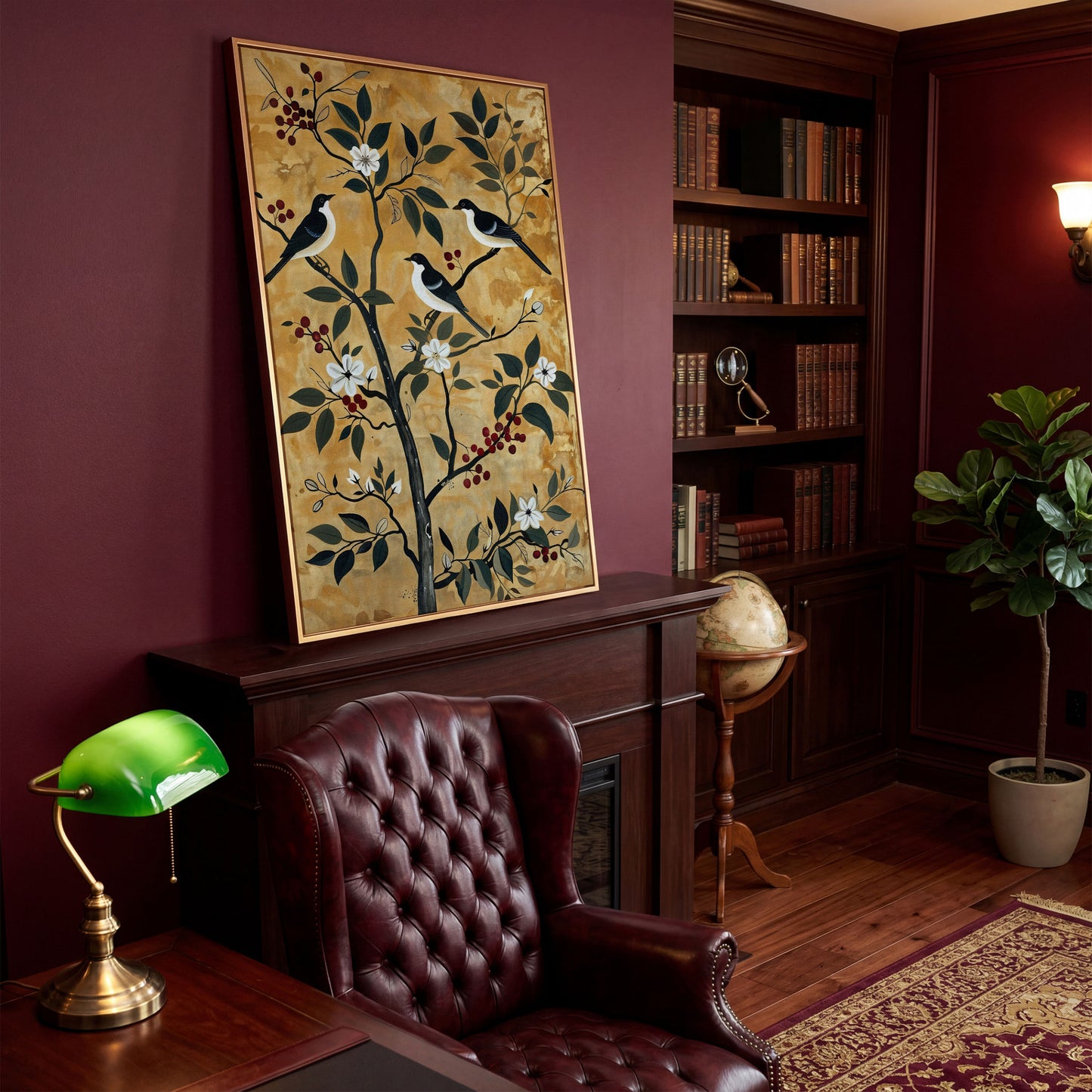 Birds in a Blossoming Tree Canvas in antique gold floating frame