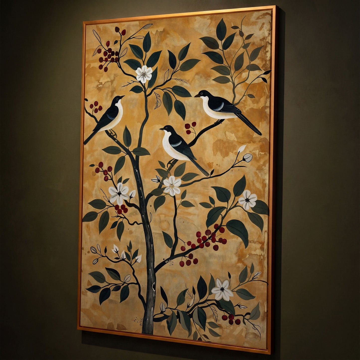 Birds in a Blossoming Tree Canvas shown in antique gold floating frame