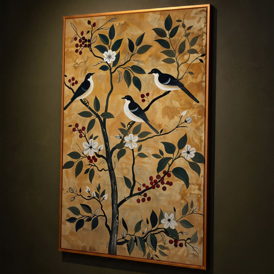 Birds in a Blossoming Tree Canvas shown in antique gold floating frame