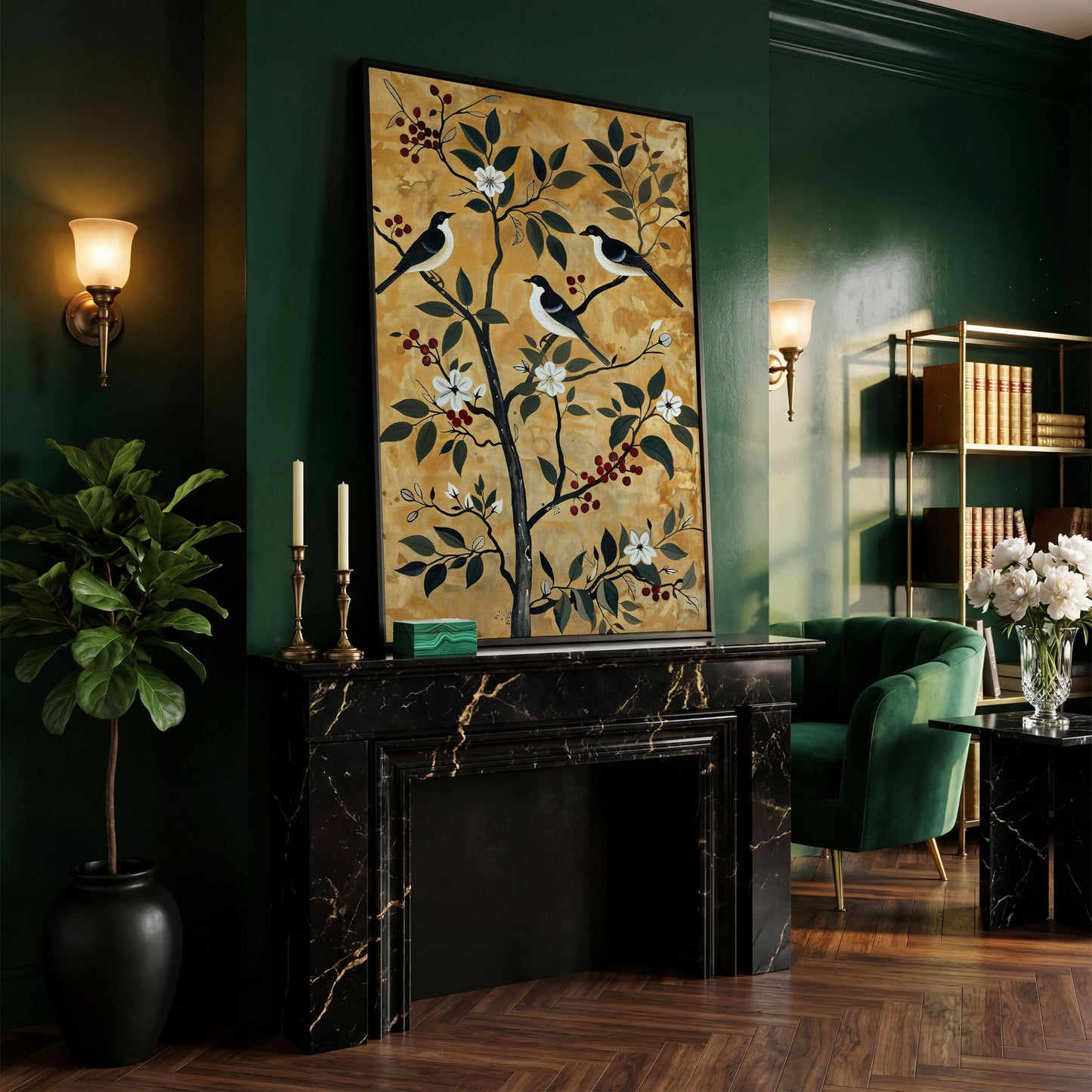 Birds in a Blossoming Tree Canvas in black floating frame
