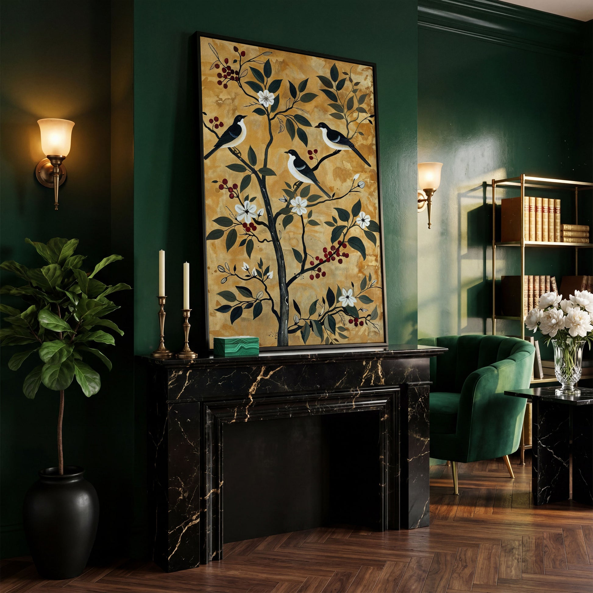 Birds in a Blossoming Tree Canvas in black floating frame