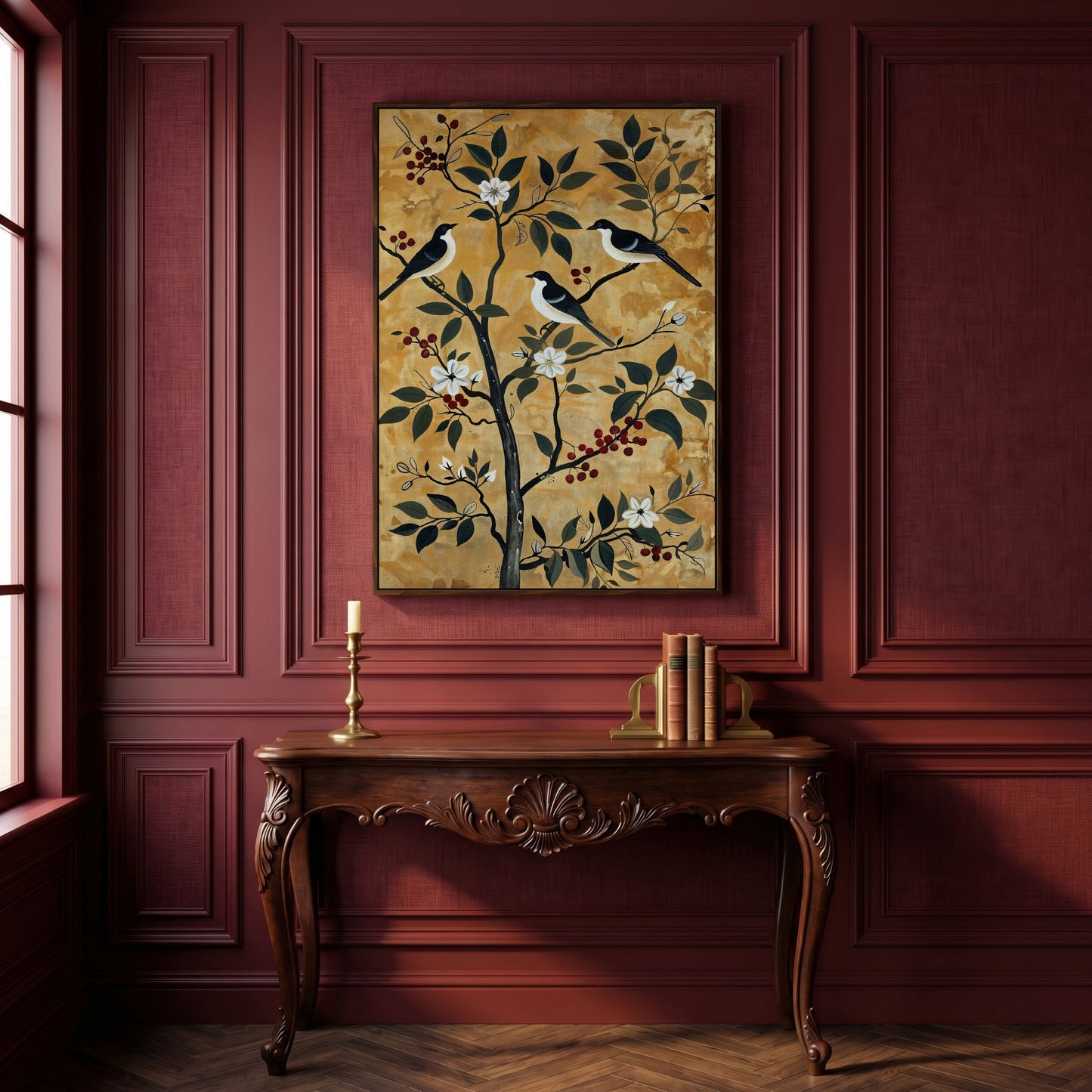 Birds in a Blossoming Tree Canvas in dark walnut floating frame