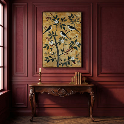 Birds in a Blossoming Tree Canvas in dark walnut floating frame