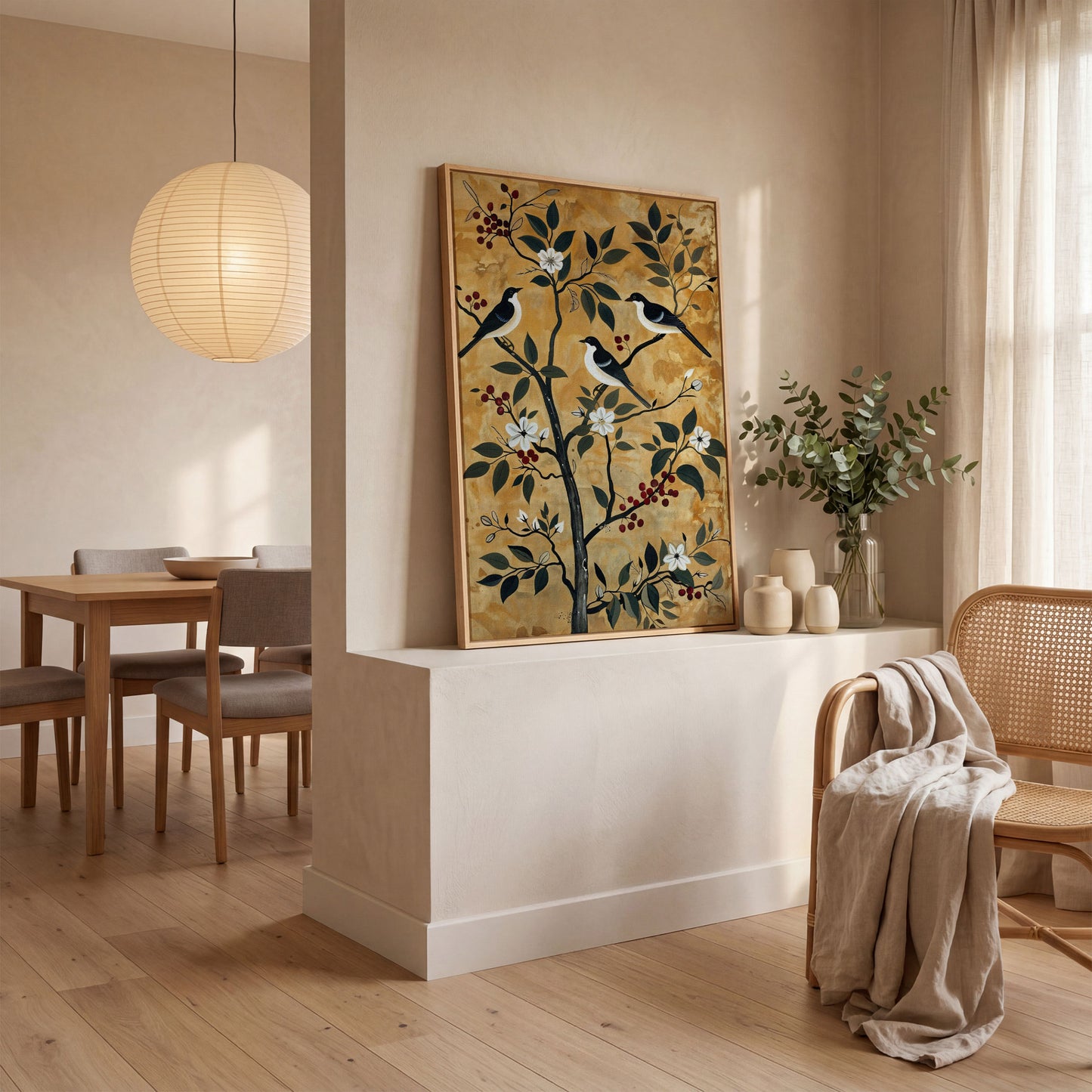 Birds in a Blossoming Tree Canvas in white oak floating frame