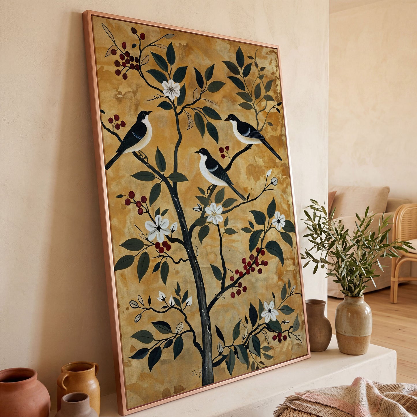 Birds in a Blossoming Tree Canvas in rose gold floating frame