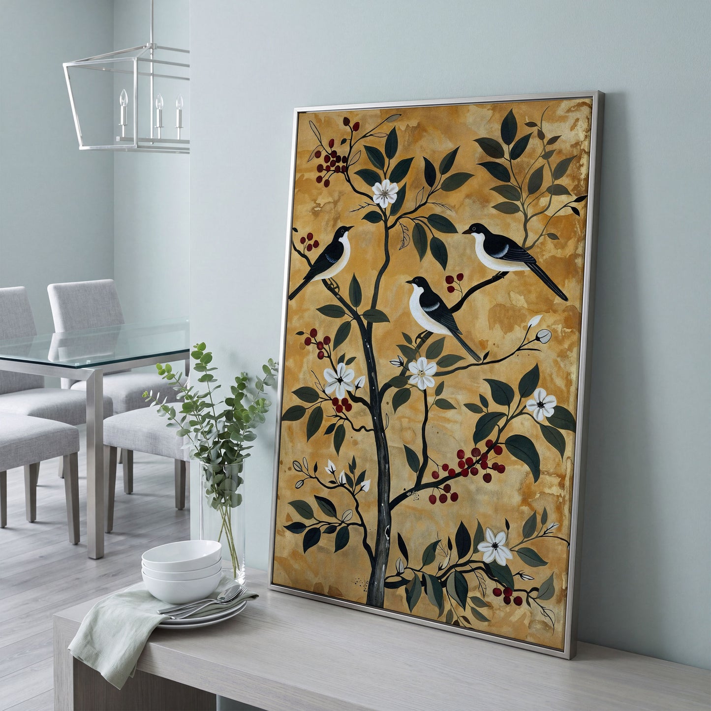 Birds in a Blossoming Tree Canvas in silver floating frame