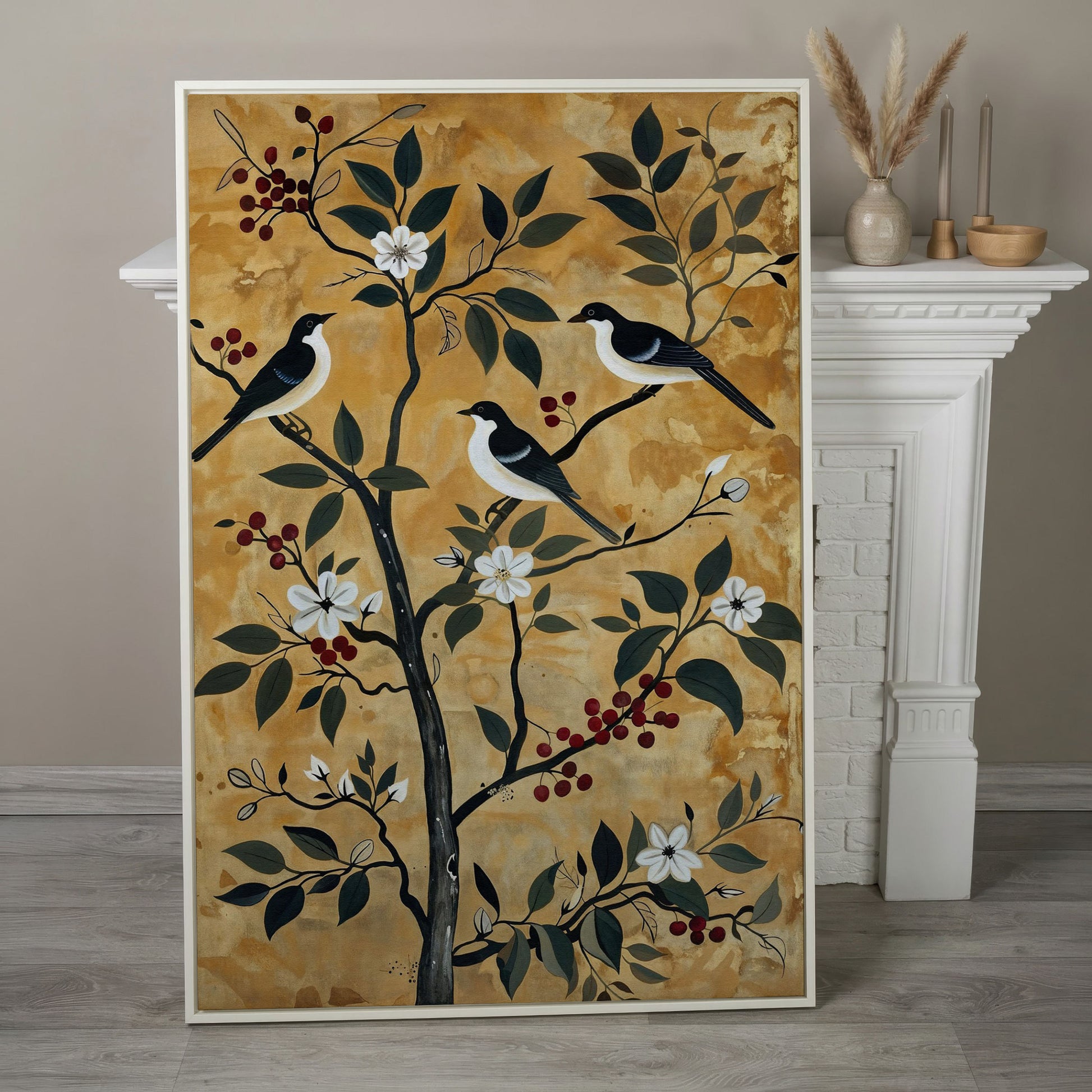 Birds in a Blossoming Tree Canvas in white floating frame