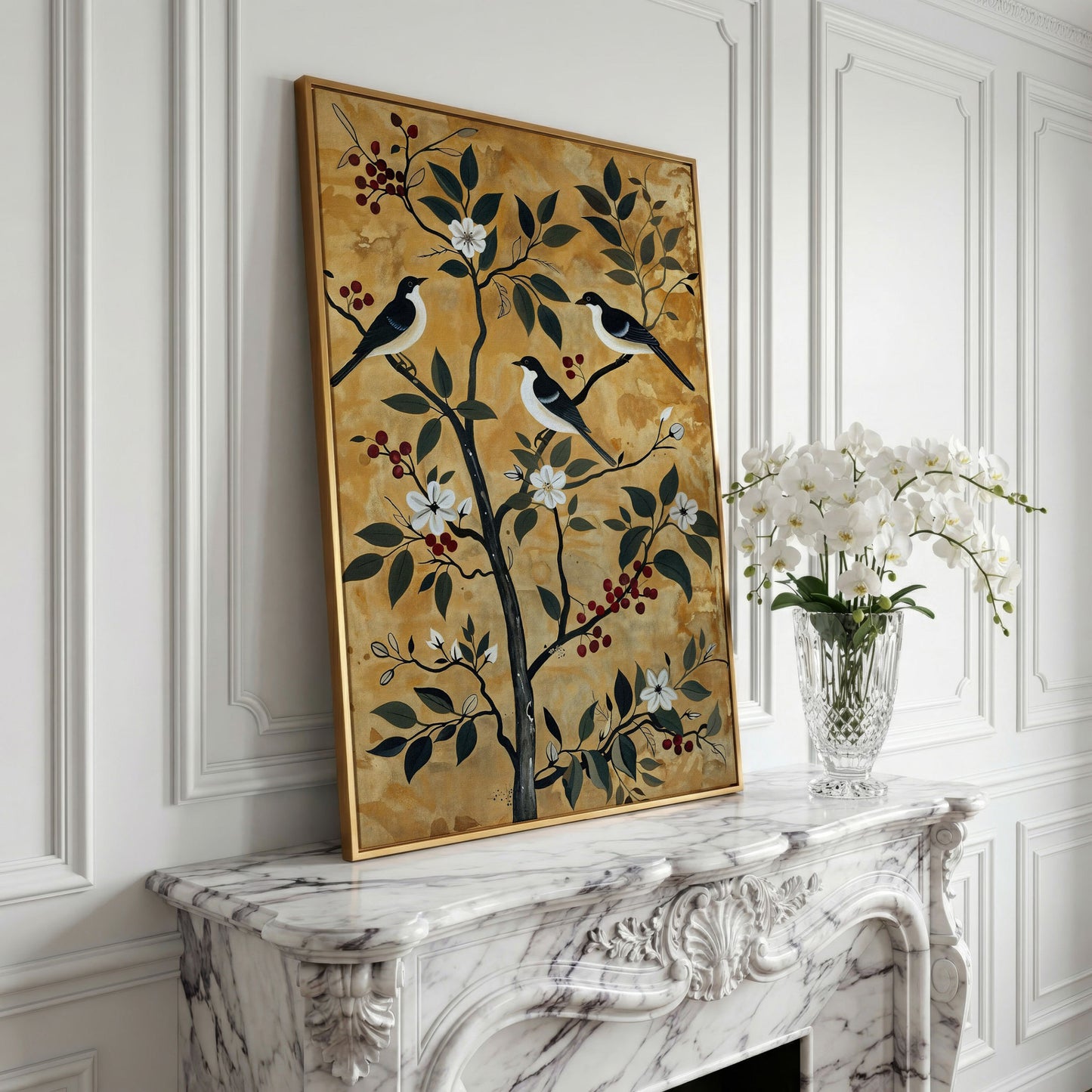 Birds in a Blossoming Tree Canvas in yellow gold floating frame