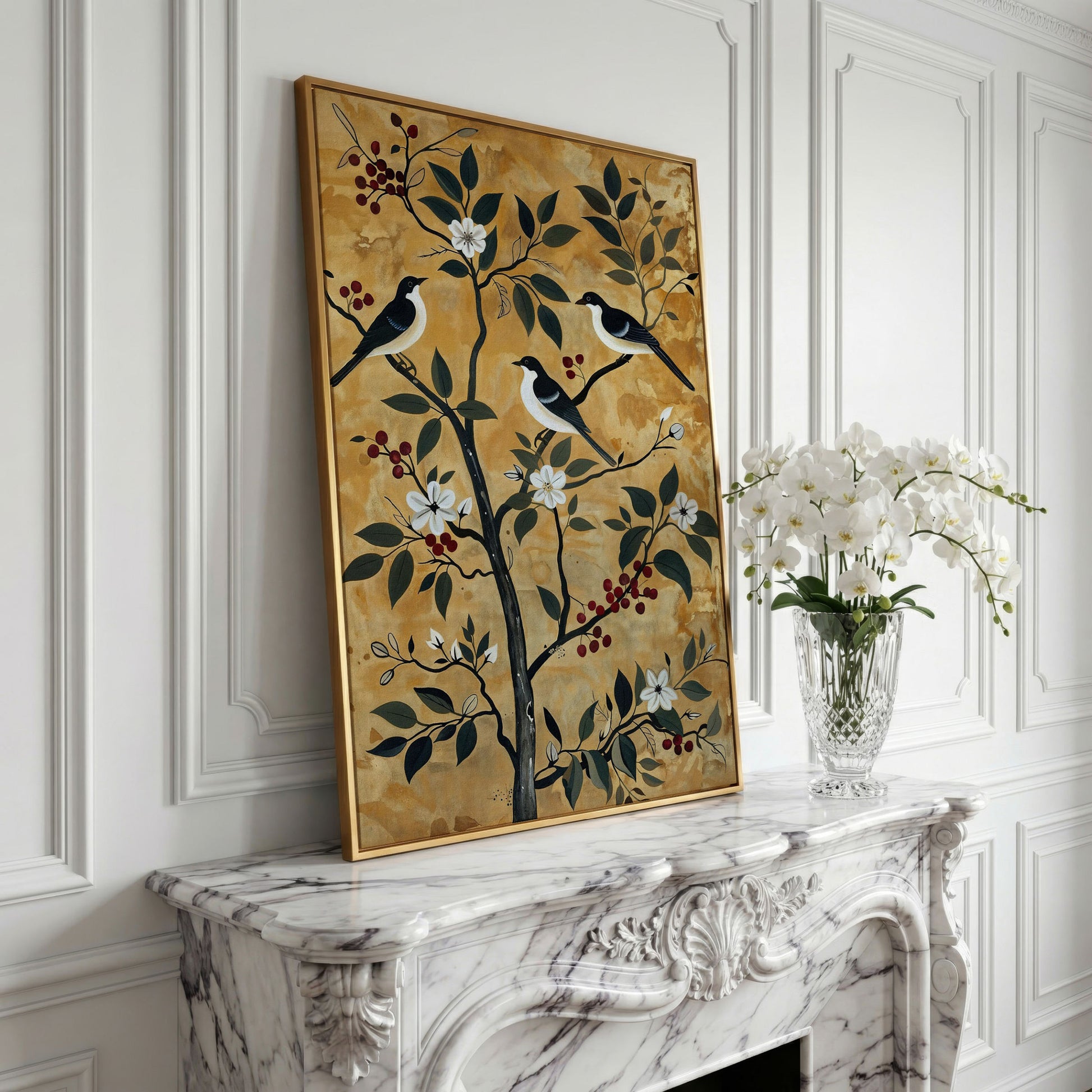 Birds in a Blossoming Tree Canvas in yellow gold floating frame