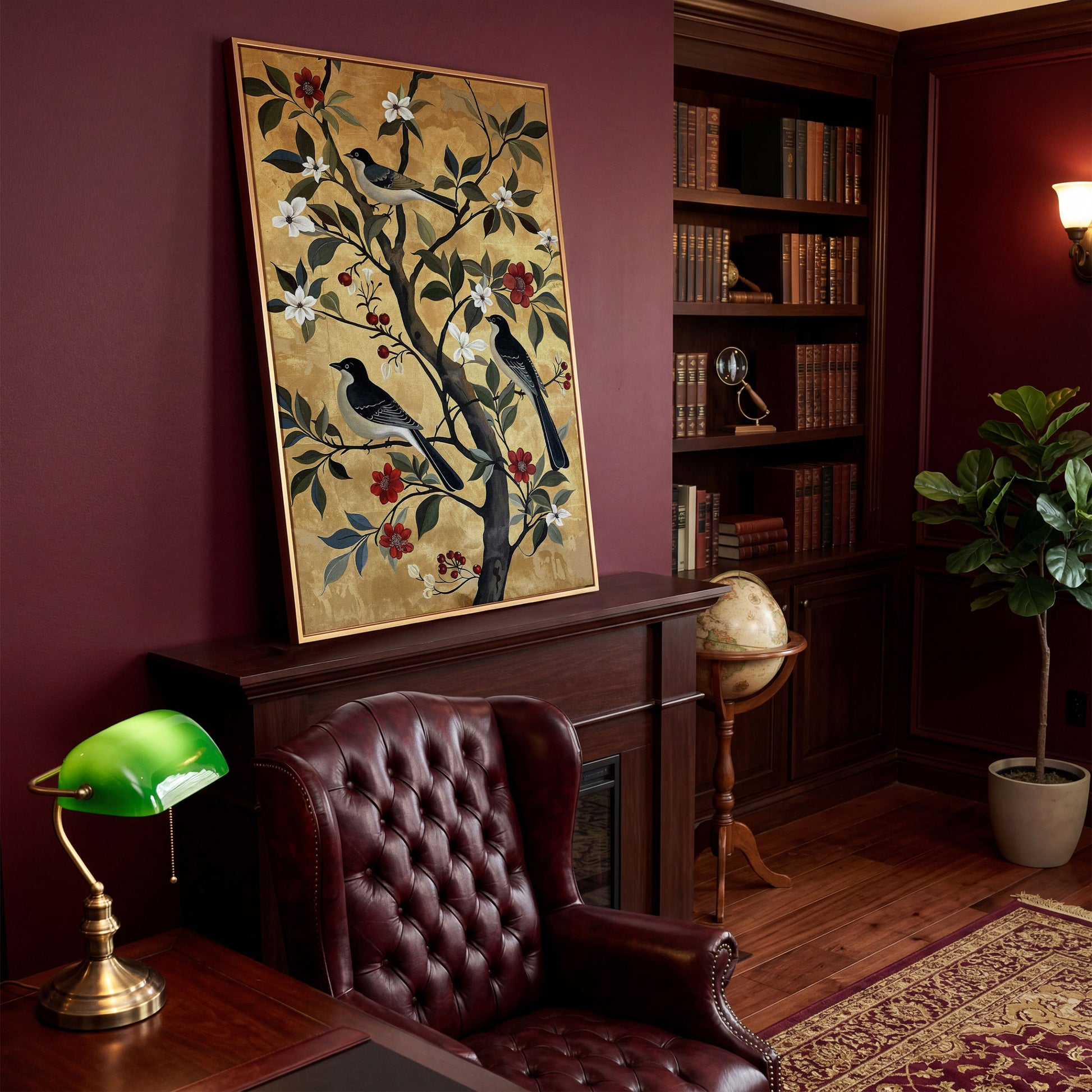 Birds on Blooming Tree Canvas Print in antique gold floating frame