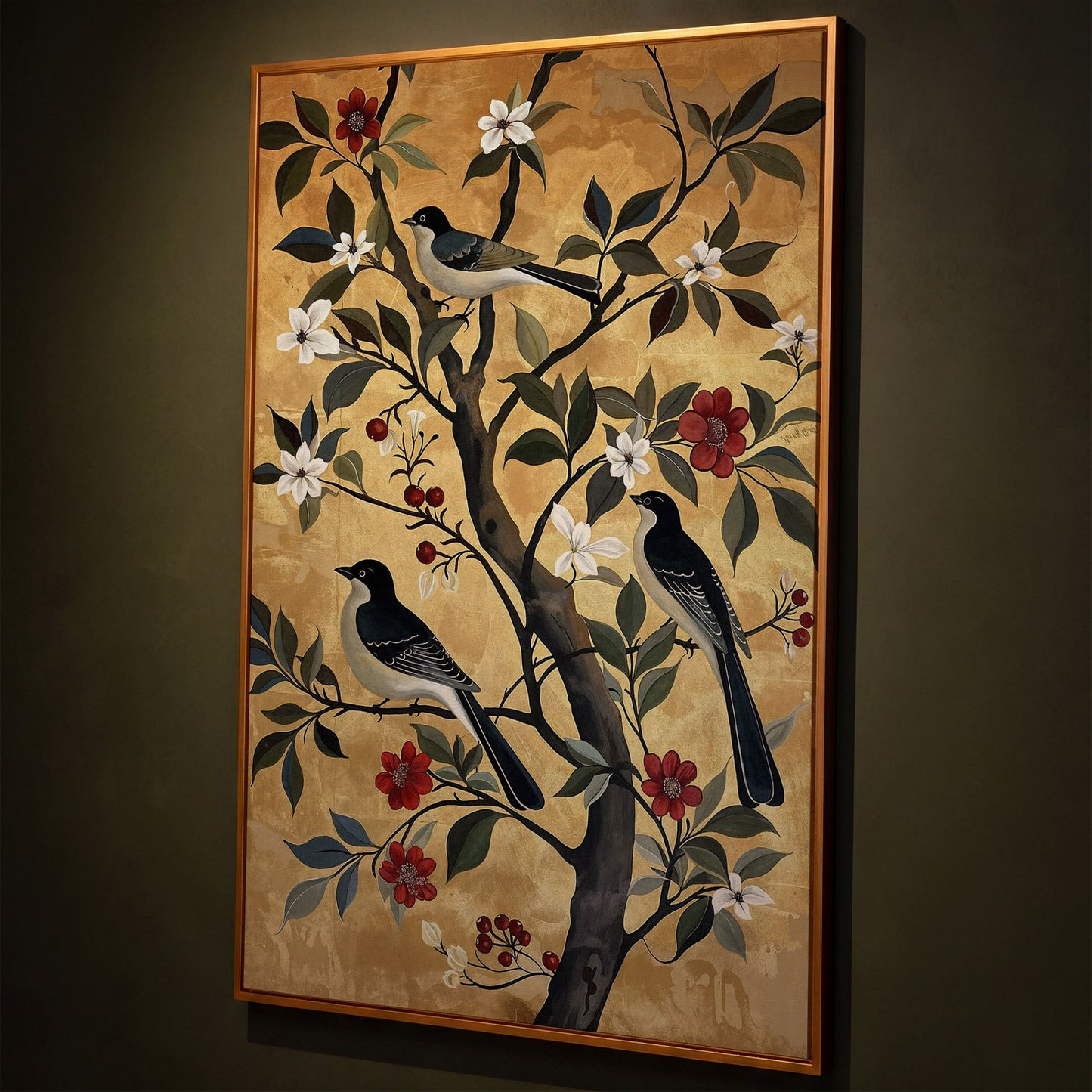 Birds on Blooming Tree Canvas Print shown in antique gold floating frame