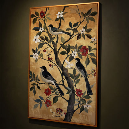 Birds on Blooming Tree Canvas Print shown in antique gold floating frame