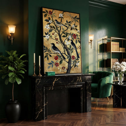 Birds on Blooming Tree Canvas Print in black floating frame