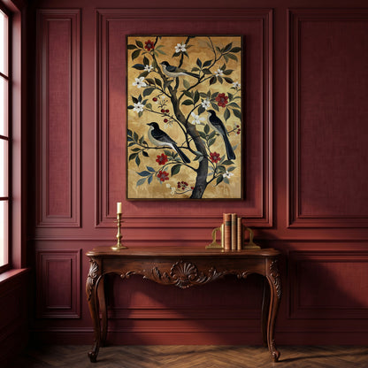 Birds on Blooming Tree Canvas Print in dark walnut floating frame