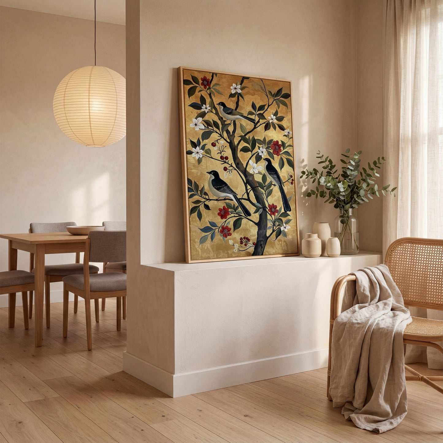 Birds on Blooming Tree Canvas Print in white oak floating frame