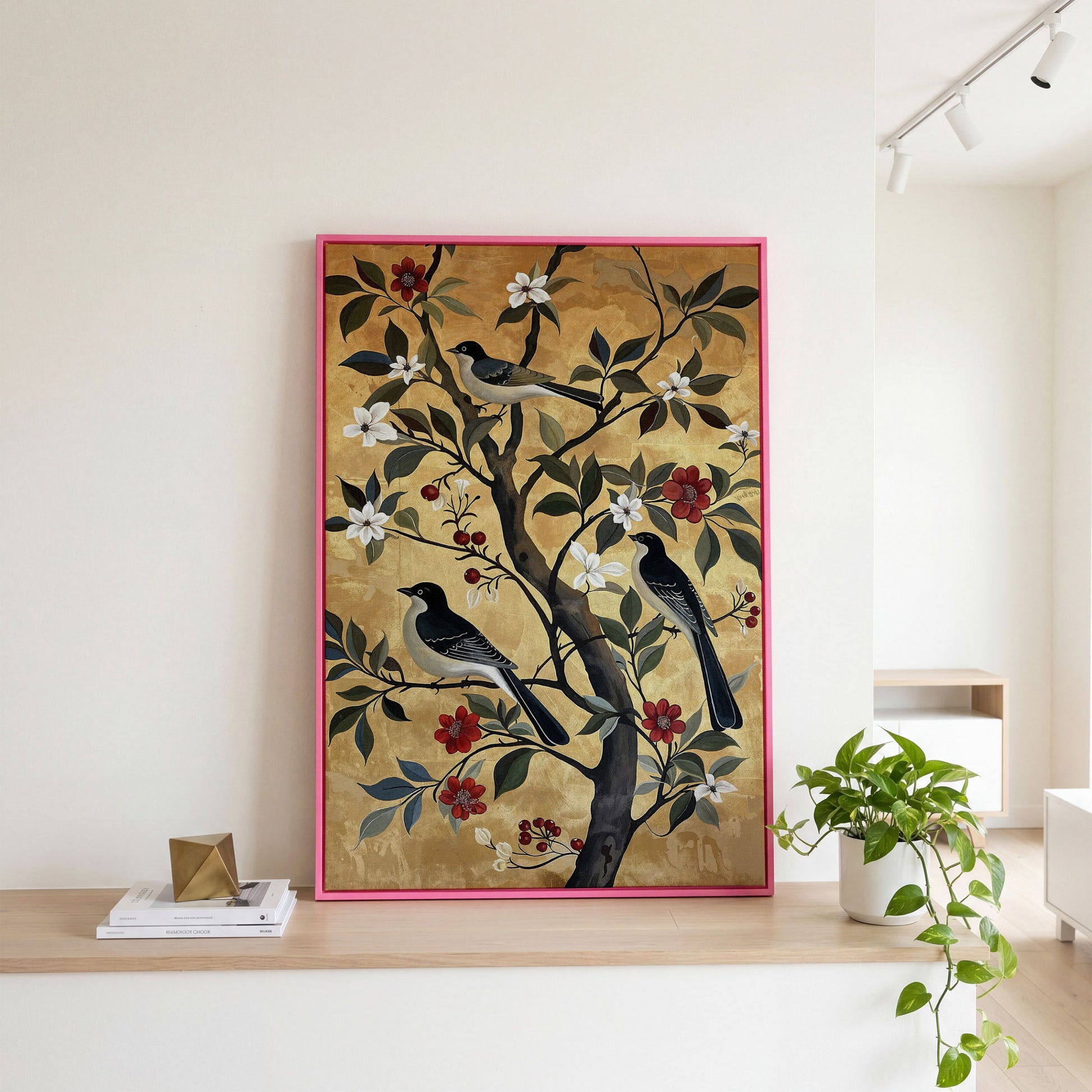Birds on Blooming Tree Canvas Print in pink floating frame