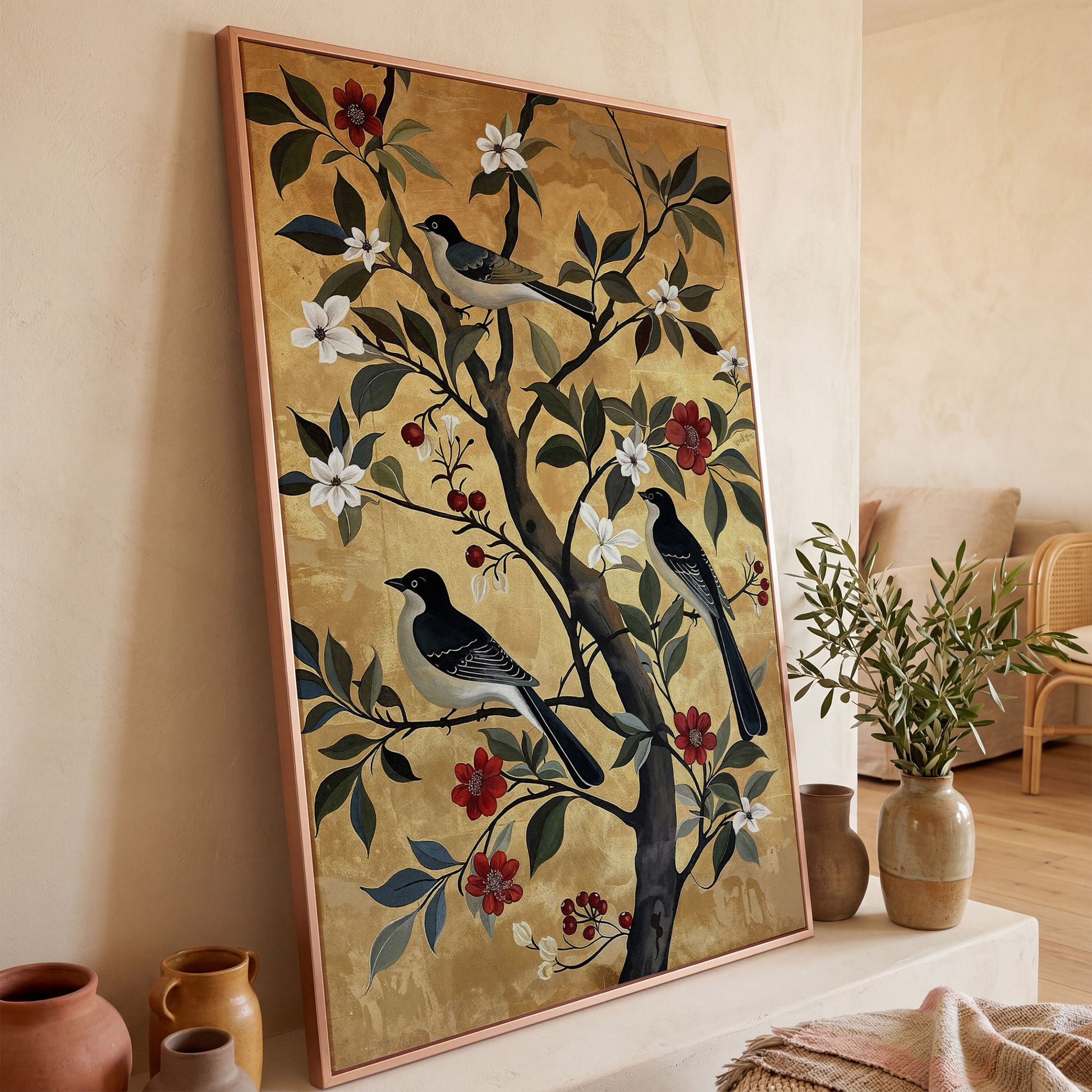 Birds on Blooming Tree Canvas Print in rose gold floating frame