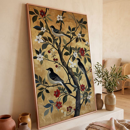 Birds on Blooming Tree Canvas Print in rose gold floating frame