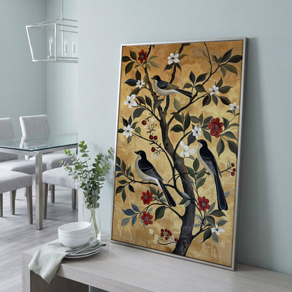 Birds on Blooming Tree Canvas Print in silver floating frame