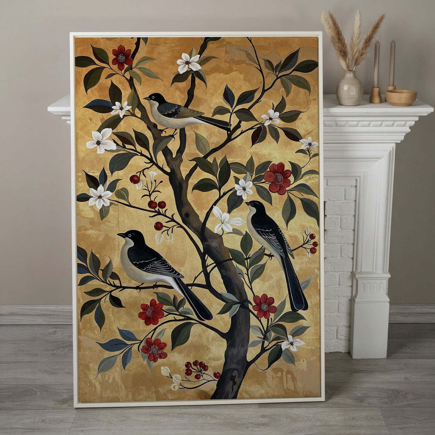 Birds on Blooming Tree Canvas Print in white floating frame