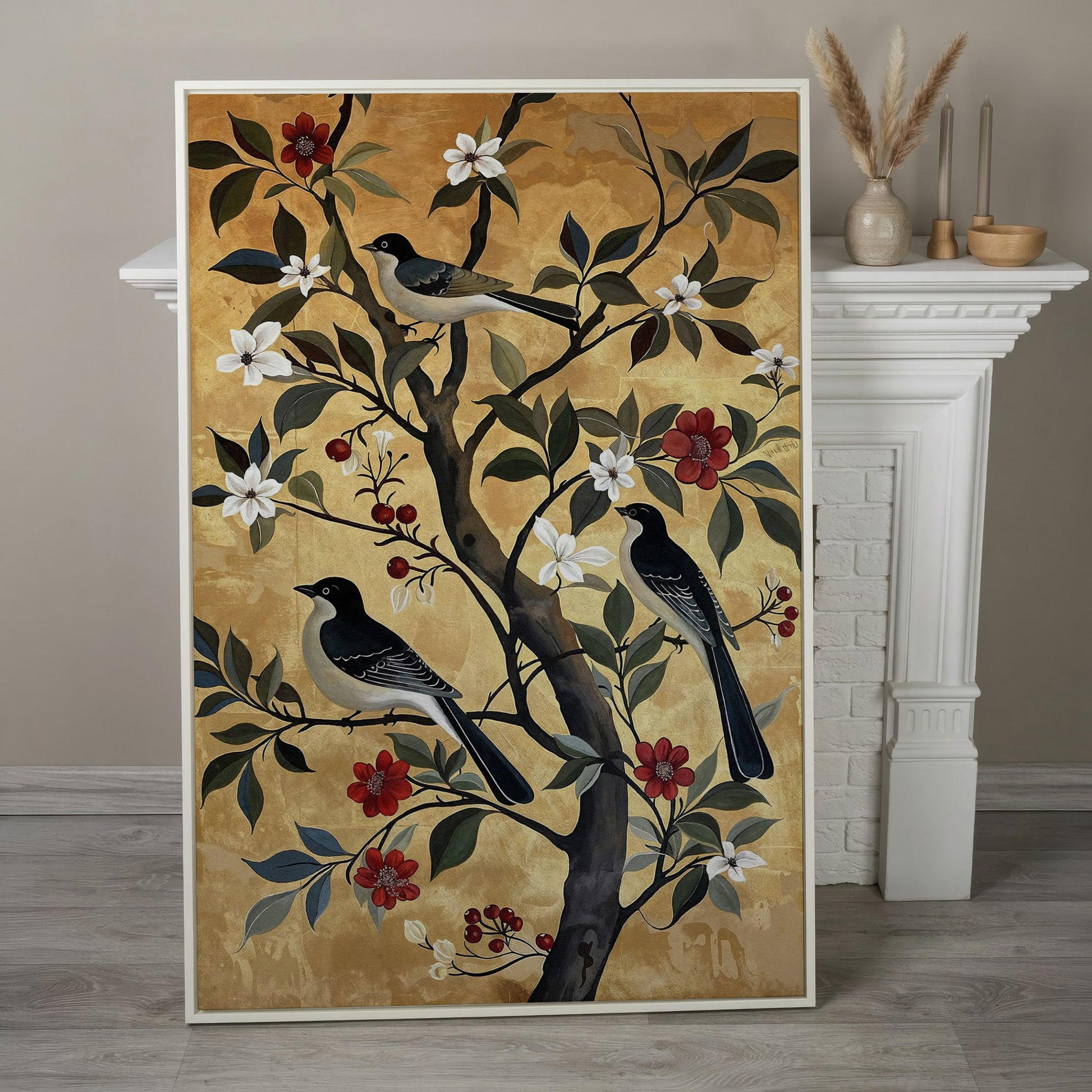 Birds on Blooming Tree Canvas Print in white floating frame